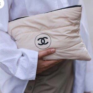 CHANEL nylon Cream Quilted CC Logo Zip Pouch